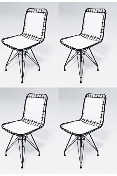 Kenzlife Siyah Beyaz Kafes Tel sandalye 4 lü