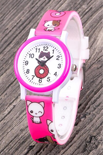 Saattino Çocuk Kol Saati Pembe Silikon Kordon Kız Çocuk Kedi Desenli Rakamlı ...
