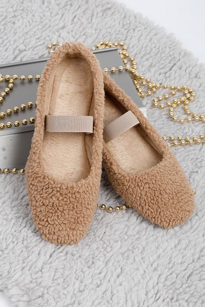 RENKLİBUTİK PLUSH FEATHER TAPE DETAILED WOMEN'S HOME SHOES FLAT SHOES