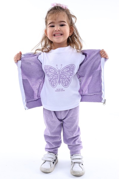 minikiss Waflee Örme Kumaş Kapşonlu Kız Çocuk 3lü Takım