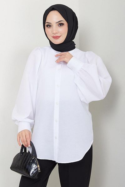 hafsamina White Balloon Sleeve Shirt - Hm2639