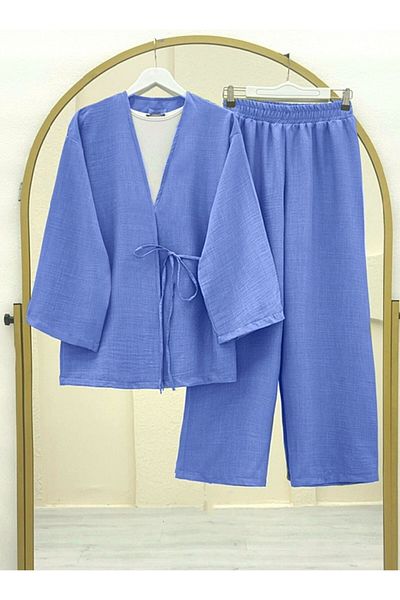 Modamorfo Indigo Linen Set - Side Laces and Wide Legs