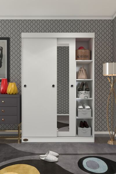 Kenzlife Gardırop Sürgülü Kapaklı Kapılı 120 Papatya Byz Aynalı Gardolap Dolap