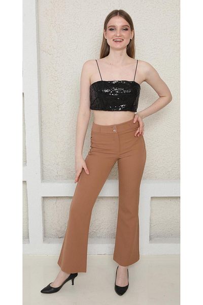 ŞİNDO GİYİM Women's High Waist Spanish Leg Fabric Pants