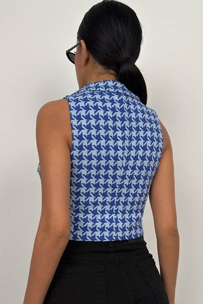 bayansepeti Saks Houndstooth Patterned Button Detailed Shirt Collar Crop Vest 23s12002