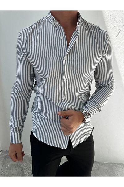 King Brothers Ανδρικό πουκάμισο Μαύρο Slim Fit - Χοντρή γραμμή, μακρυμάνικο