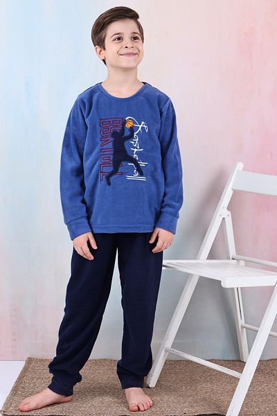 KAPİKİDS Crew Neck - Set de pijamale din lână pentru copii de iarnă cu broderie de baschet, moale și caldă