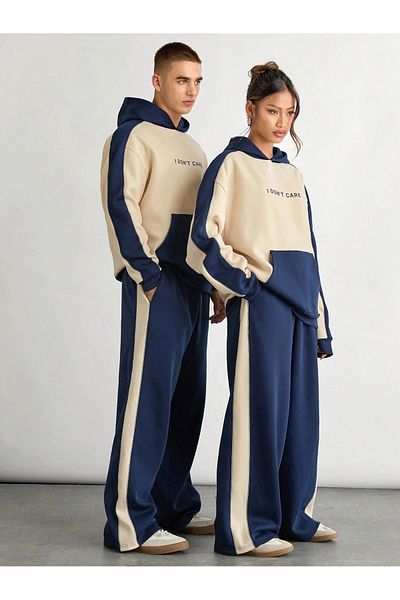 Know Navy Blue Beige Women's and Men's Tracksuit Set - Couple Combination 2 Pieces