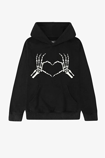 Bravebell Hanorac oversize unisex cu glugă neagră cu imprimeu cu schelet
