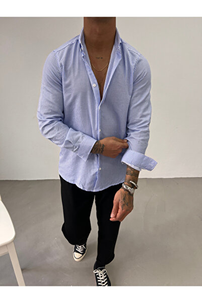 King Brothers Чоловіча сорочка з довгими рукавами та смужками синього кольору