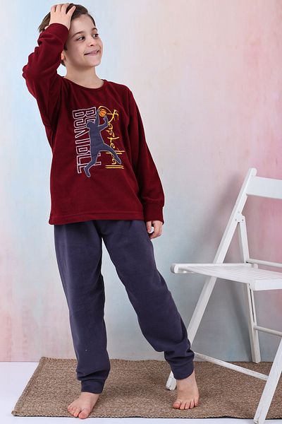 KAPİKİDS Crew Neck - Set de pijamale din lână pentru copii de iarnă cu broderie de baschet, moale și caldă