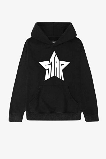 Bravebell Hanorac oversize unisex cu glugă neagră cu text cu stea
