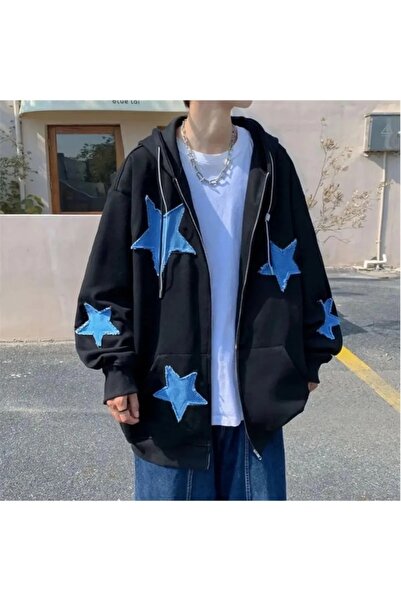 Bravebell Hanorac negru Harajuku y2k Vintage Triple Star, unisex, supradimens...