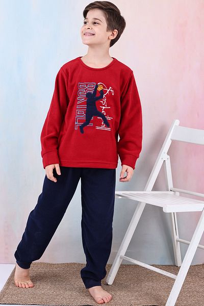 KAPİKİDS Crew Neck - Winter Children's Fleece Pajamas Set with Basketball Embroidery, Soft and Warm