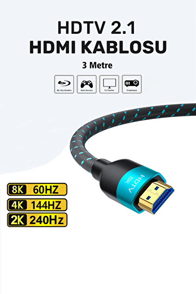 CONOCER Ultra Yüksek Hızlı 8k Hdmi 2.1 Örgü Kablo, 4k 144hz Hdmi Örgü Kablosu 3 Metre Hdtv Kablosu