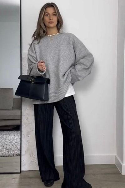 Ritnice Pulover de damă Homy Soft Crew Gât gri oversize tricotaj