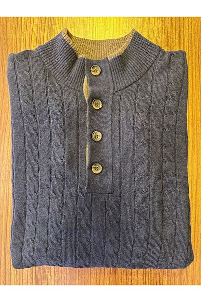 Boris Becker Πλεκτά Navy Blue Cashmere - Λεπτομέρεια με γιακά με κουμπιά και πλεκτά μαλλιά