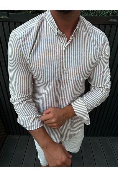 King Brothers Beige Men's Shirt - Thick Striped, Long Sleeve, Slim Fit