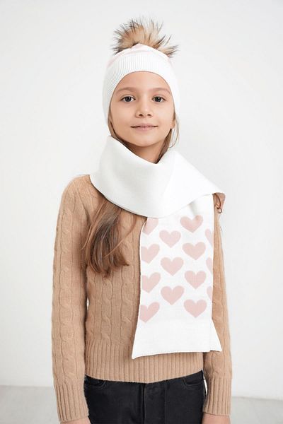 CHUBA Heart Patterned Pompom Beanie Set for Children 7-12 Years - White Chkıds105