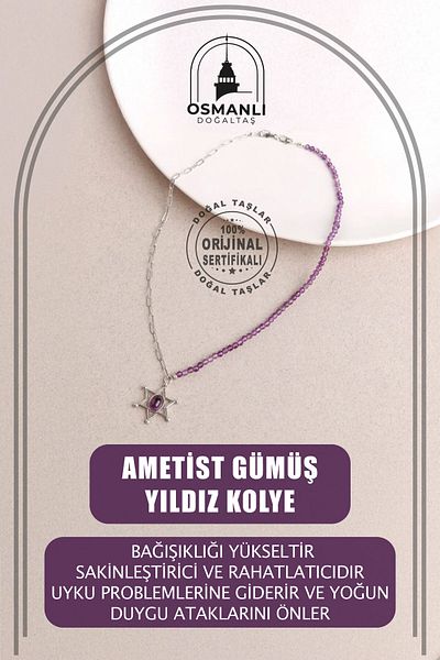OSMANLI DOĞAL TAŞ Amethyst Natural Stone Silver Star Necklace