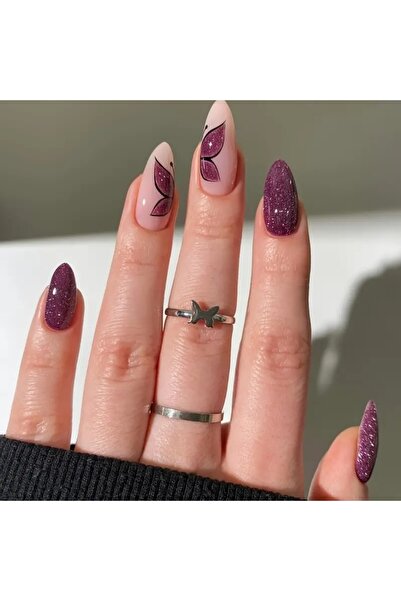 NAİLS Women's Heart 24'lü Kelebek Detaylı Mor Üzeri Simli Takma Tırnak Seti