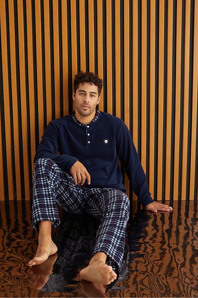MEBA Ανδρικό σετ πιτζάμες Navy Blue Fleece - Χειμώνας, Καρό σχέδιο, Ζεστό, Πρωτοχρονιά 6100-6