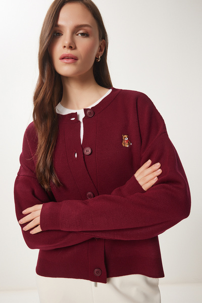 Lovelyİstanbul Teddy Bear Embroidered Buttoned Knitwear Cardigan Bordo Ldp0027