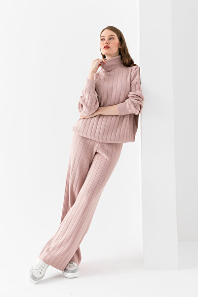 cebe triko Ribbed Knitwear Set, Turtleneck Bottom Top Knitwear Set, Knitwear Sweater Trousers Double Set