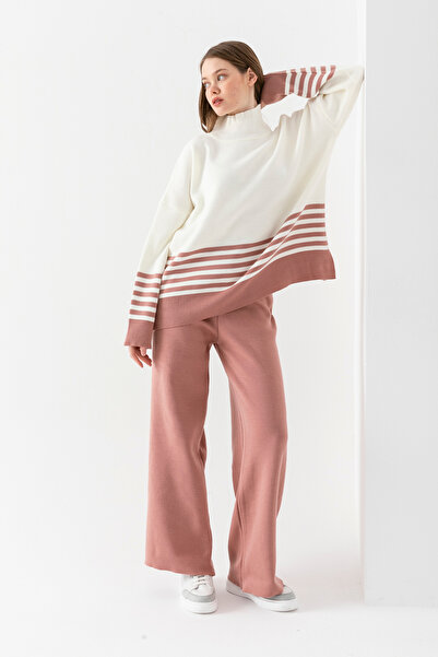 cebe triko Women's Striped Patterned Knitwear Set, Bottom Top Knitwear Set, Knitwear Sweater Pants Two-Piece Set.