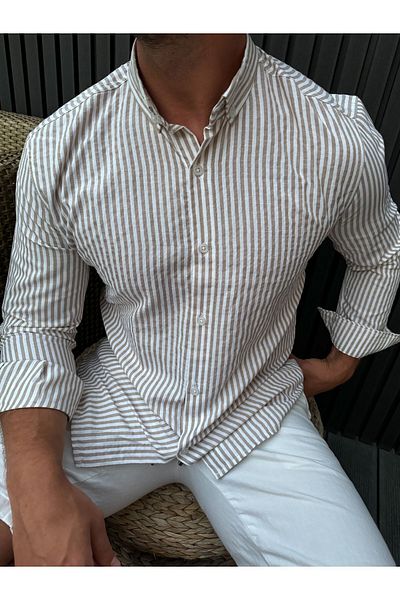 King Brothers Beige Men's Shirt - Thick Striped, Long Sleeve, Slim Fit