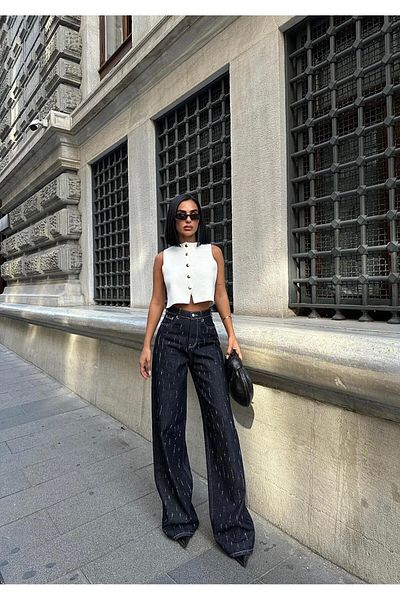 Zeo Basic Inele de jeans largi cu detalii de piatră de bază ZEO