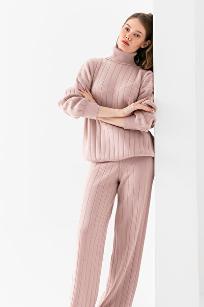 cebe triko Ribbed Knitwear Set, Turtleneck Bottom Top Knitwear Set, Knitwear Sweater Trousers Double Set