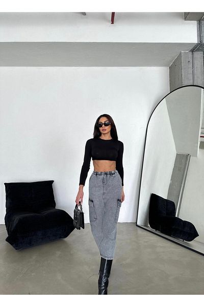 Zeo Basic Maxi Denim Skirt with Smoked Waist and Elastic Cargo Pocket
