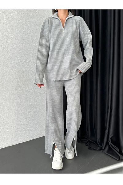 YILMAZ Women's Ribbed Neck Zippered Leg Slit Front Zippered Knitwear Set