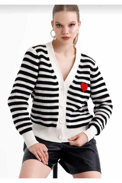 IŞILDA FASHION Women's Heart Patterned Striped Buttoned Knitwear Cardigan