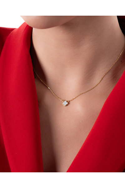 YCL JEWELLERY 14 Ayar Altın Beyaz Taşlı Yonca Kolye 6mm