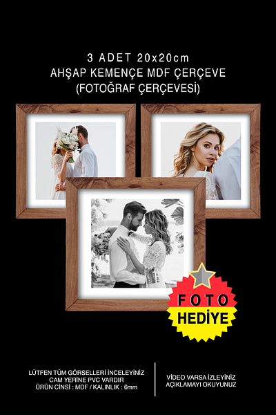 bymat 3 Pieces 20x20 Frame - Kemençe Frame - MDF Square Frame - Multiple Photo Frame Set