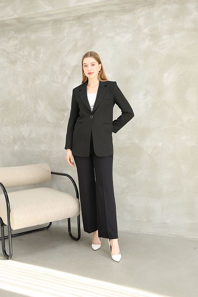 diaves Black Single Button Jacket Palazzo Pants Double Suit