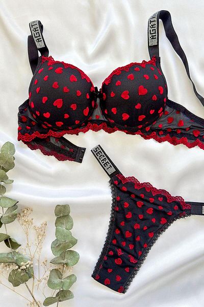 AR&ES tekstil 13030 Red Color Dowry Patterned Stone Strap Bra Set - Christmas Christmas Gift