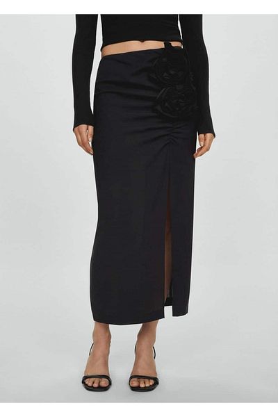 MANGO Woman Floral Applique Slit Skirt