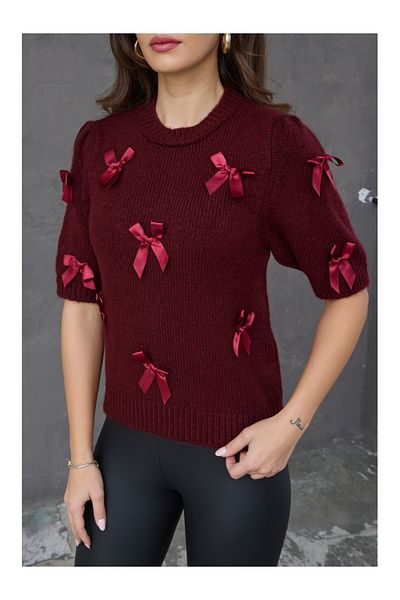 Elif Özbey Butik Tricotaj cu mânecă scurtă cu fundă roșie Claret