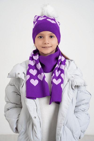 CHUBA 7-12 Years Old Children's Purple Pompom Scarf Beanie Set - Heart Patterned Chkıds105