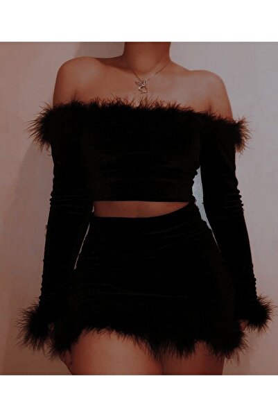 PİNK Black Velvet Double Feather Suit Christmas Dress