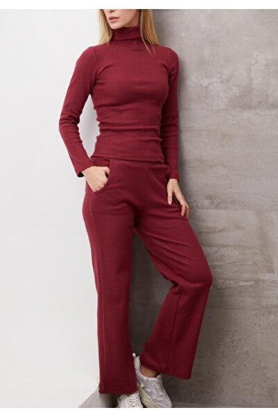 Ayfer Burgundy Ribbed Camisole Fabric High-Rise Collar Bottom Top Pants Suit