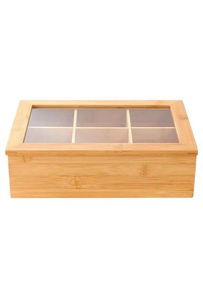 safestore علبة شاي من الخيزران 6 مقصورات 24X16X7 - علبة شاي أعشاب مع غطاء