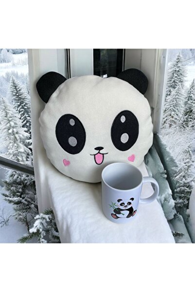 ÇERÇİ MELEK Panda Şeklinde Yastık ve 9x8 cm Panda Desenli Kupa Hediye Seti