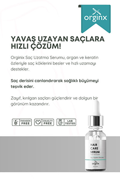Orginx Yavaş Uzayan Ve Aşırı Yıpranmış Saçlar Için Saç Uzatma Serumu Argan Ve Keratin Özlü 30 ml