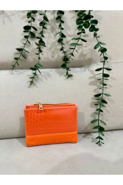 Moda Sekiz Kadın Turuncu Mıknatıs Kapamalı 12 cepli Yeni Sezon Cüzdan