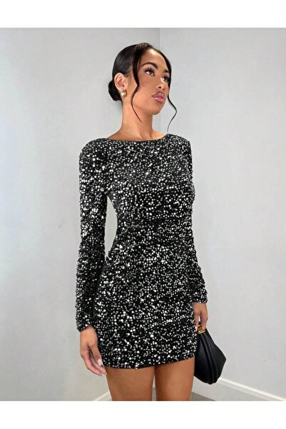 Styling Park Sırt Dekolteli Uzun Kol Mini Payet Elbise