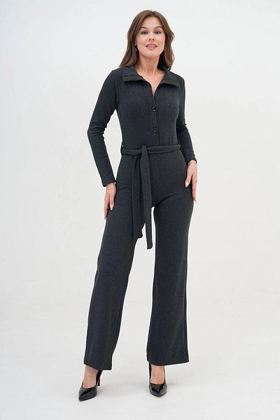 bacc Women's Anthracite Polo Neck Buttoned Belted Knitted Jumpsuit Bc24Yg1099